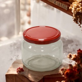 400 cc Kırmızı Kapaklı Basık Cam Kavanoz-24 LÜ PAKETTE